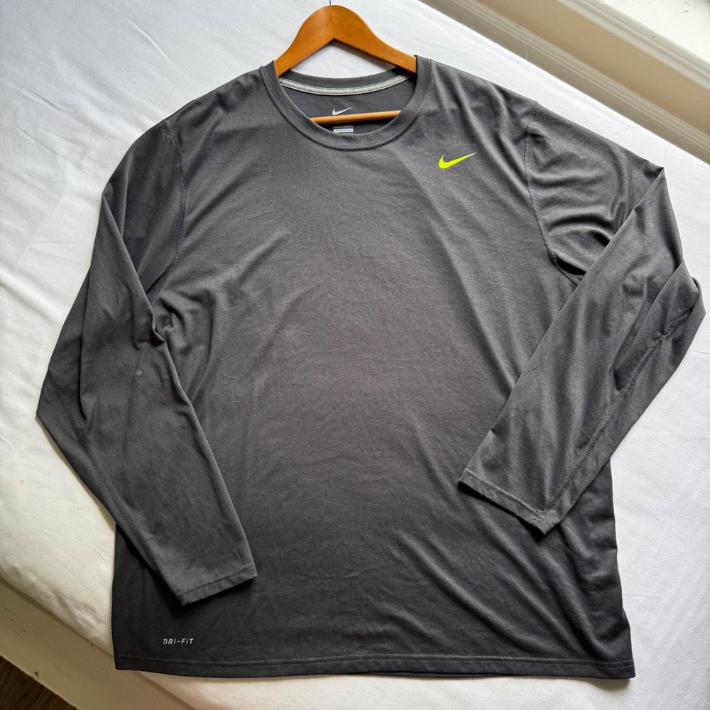 Nike Dri-FIT Mens XXL Gray Long Sleeve Training Shirt Neon Green Swoosh Workout